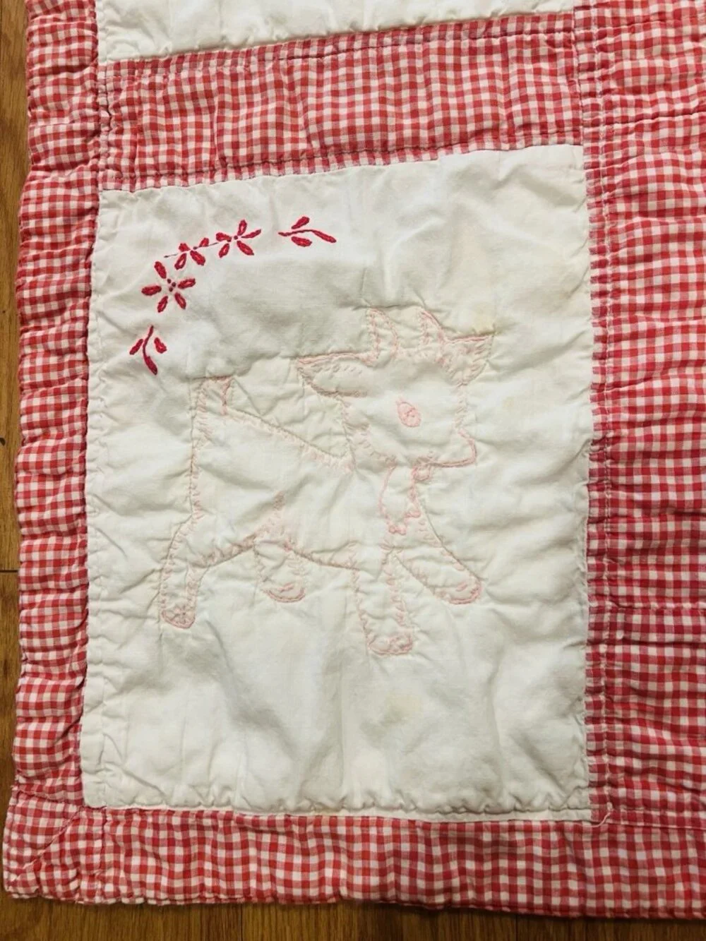 Hand Embroidered Vintage Baby Quilt Stitched Animal Squares Kitschy READ